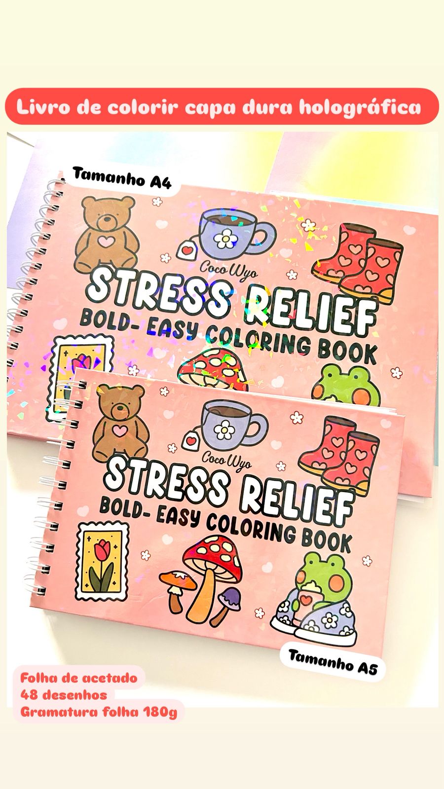Livro de colorir A5 - Capa dura holográfica  - Desenhos fofos